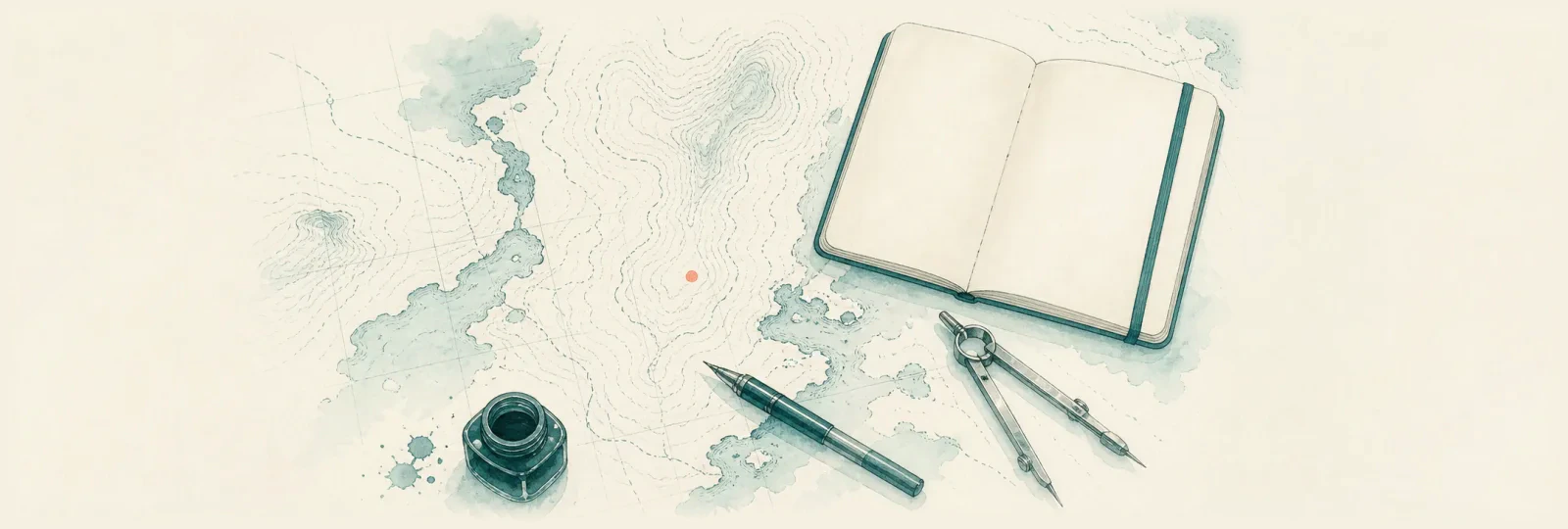 A watercolour cartographer's desk — a half-drawn contour map with an open field notebook, fountain pen, inkwell and dividers; faceless, objects only.