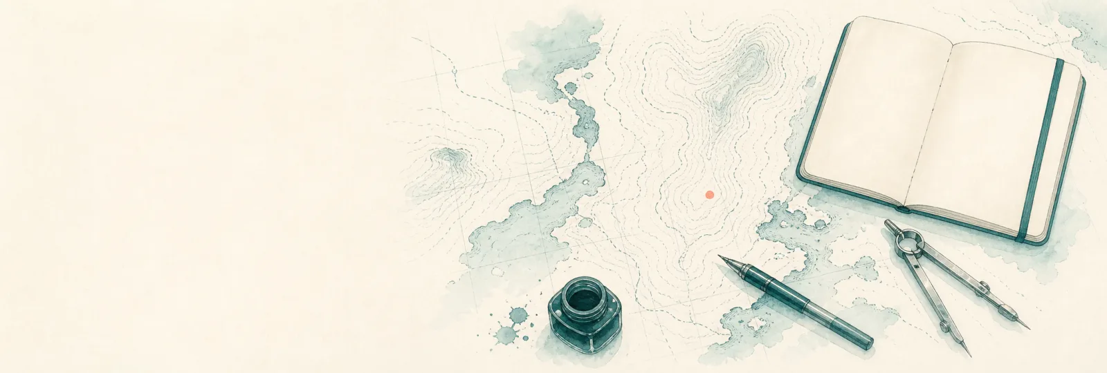 A watercolour cartographer's desk — a half-drawn contour map with an open field notebook, fountain pen, inkwell and dividers; faceless, objects only.