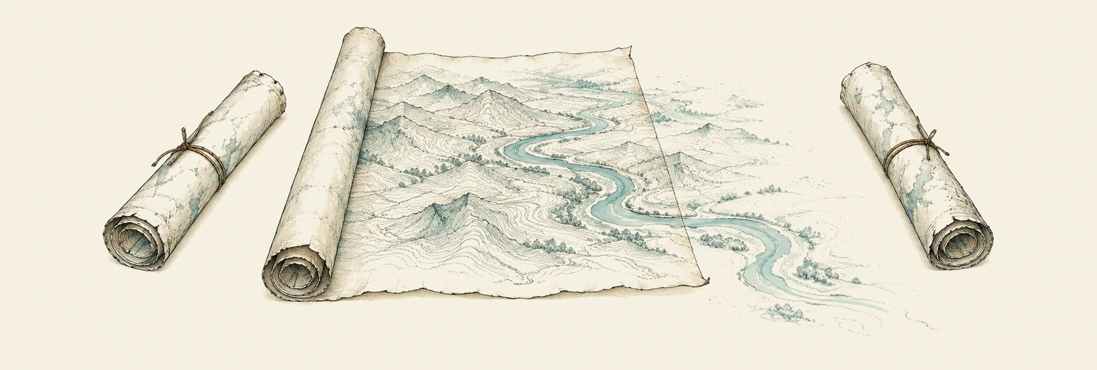 Hand-drawn-style rolled charts on a survey sheet; the middle one is partly unrolled, and its contour lines and river continue past the chart's edge onto the page.