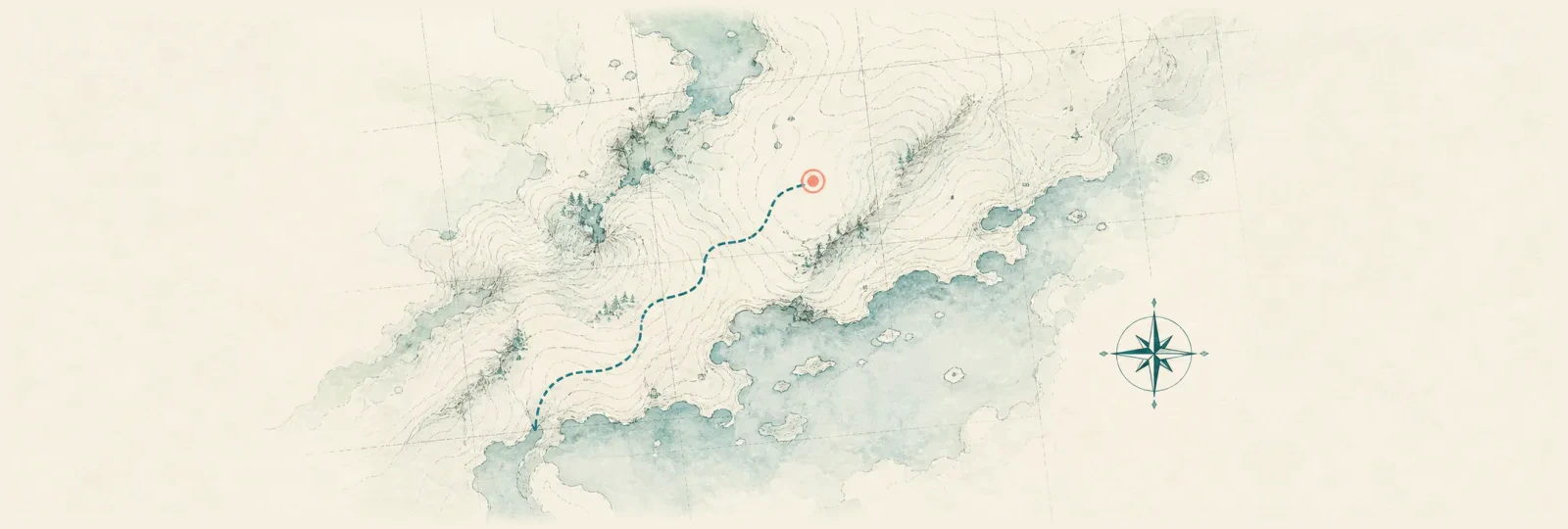 A spare watercolour map — a dashed route to a coral destination marker, with a compass rose — a quiet way to get in touch.