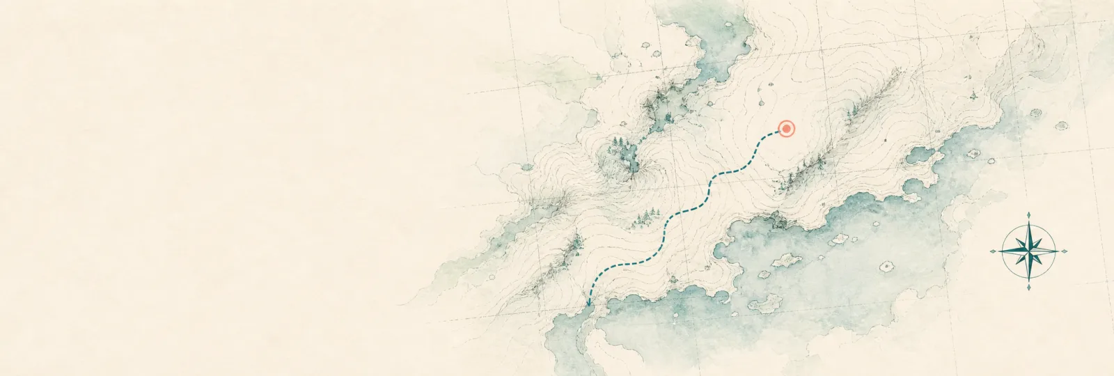 A spare watercolour map — a dashed route to a coral destination marker, with a compass rose — a quiet way to get in touch.