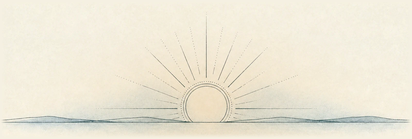 A hand-drawn-style sun rising over low hills, its rays fanned out, a warm glow behind it and mist along the horizon.