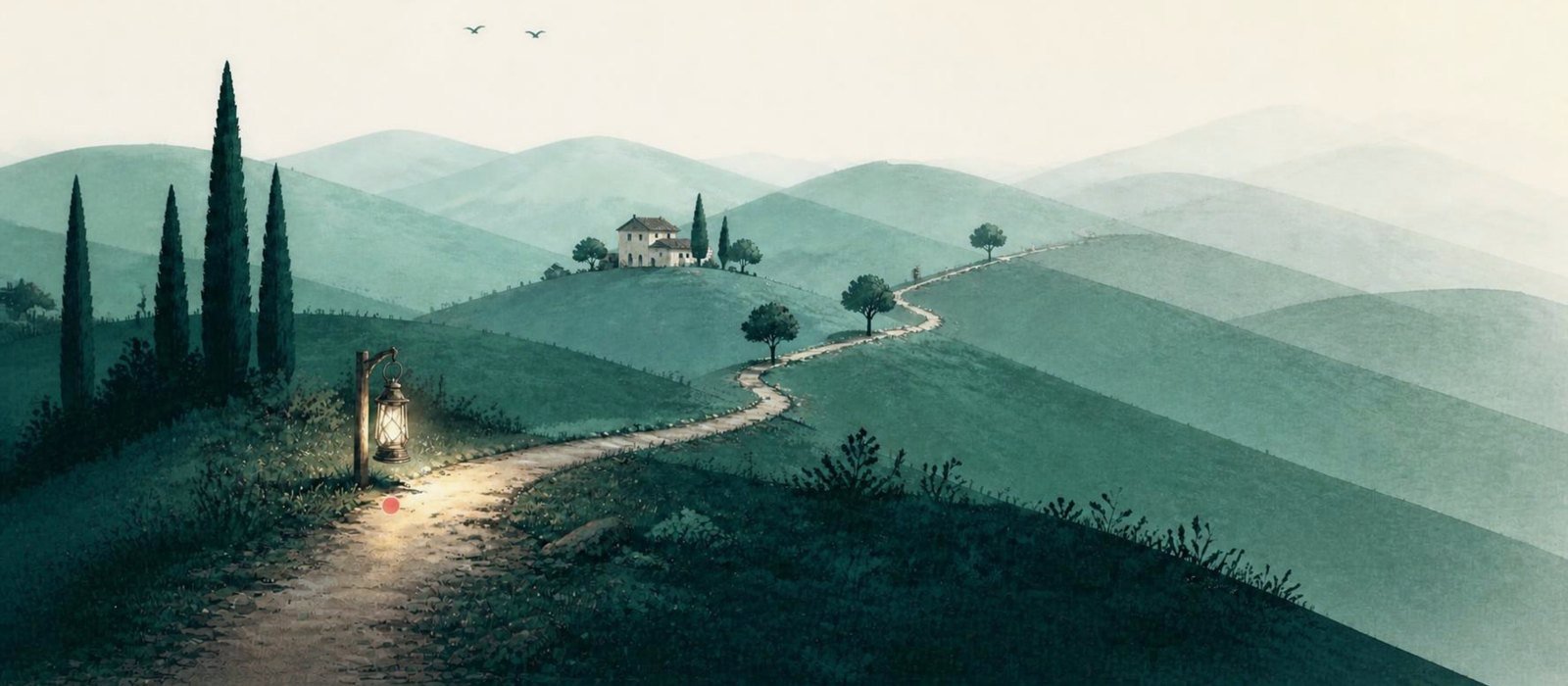 Hand-drawn-style landscape at dusk: a lantern lights the start of a path beside a small coral marker. The path winds over teal hills, past a farmhouse, into distant hills that fade into blank paper — the near ground is clear, the far country not yet mapped.