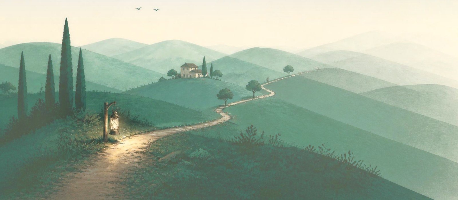 Hand-drawn-style landscape in early morning light: a lantern lights the start of a path beside a small coral marker. The path winds over teal hills, past a farmhouse, into distant hills that fade into blank paper — the near ground is clear, the far country not yet mapped.