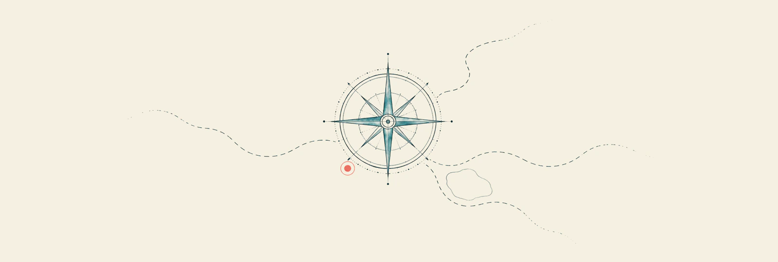 Hand-drawn-style compass rose on a blank survey sheet, with a small coral position mark beside it and faint dashed paths leading away.