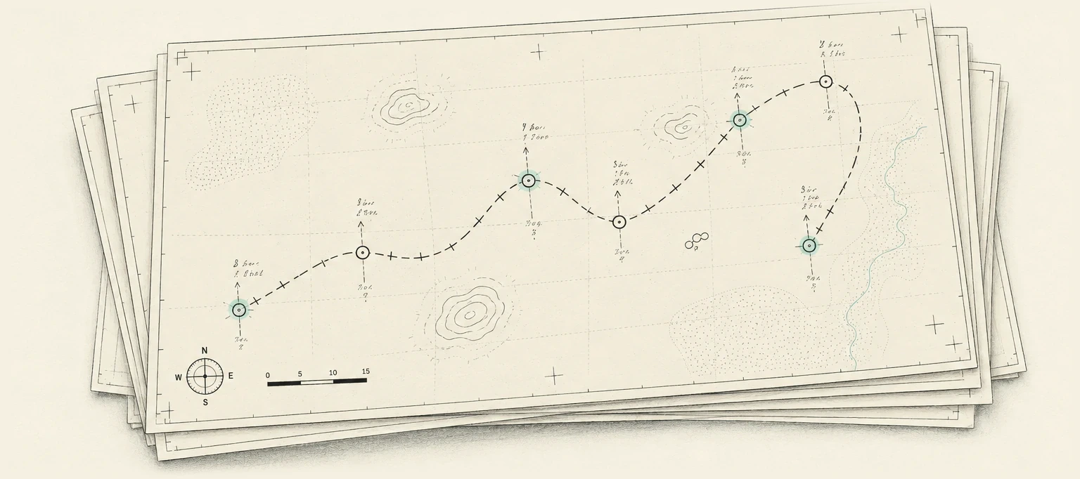 A stack of worked survey sheets — a dashed route between circled observation points, pencilled notes at each stop, a compass rose and scale bar — the working record behind the graded-evidence Ledger.