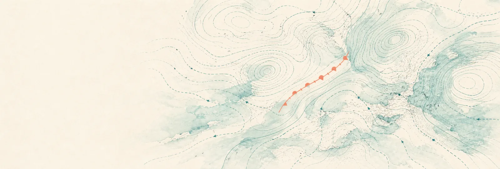 A watercolour weather-chart — concentric isobars and a coral front line across a pale eggshell field — the analytic backdrop to the graded-evidence Ledger.