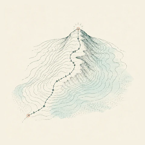 Hand-drawn-style map: a dashed route with waymarks climbs a contoured mountain from a ringed start point to the summit.