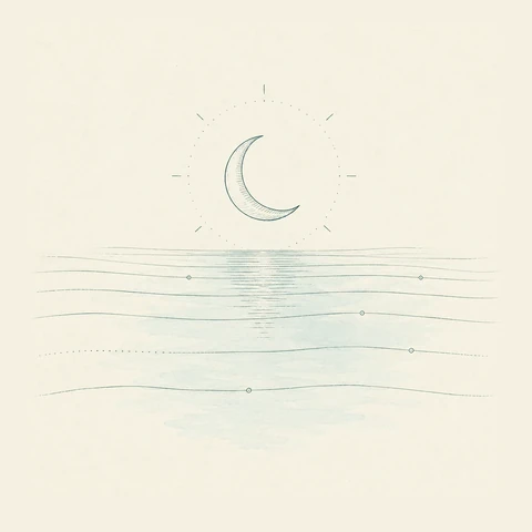 Hand-drawn-style drawing: a crescent moon above calm water, its reflection crossing level lines.