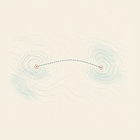 Hand-drawn-style map: two ringed points, each inside its own contour rings, joined by one dashed line.