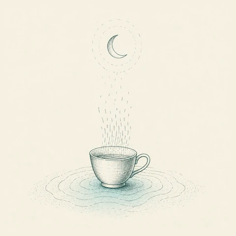 Hand-drawn-style drawing: a teacup on rippled water, fine dashes rising from it towards a small crescent moon.