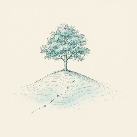 Hand-drawn-style map: a single leafy tree on a contoured hill, a dashed path winding up to its trunk.