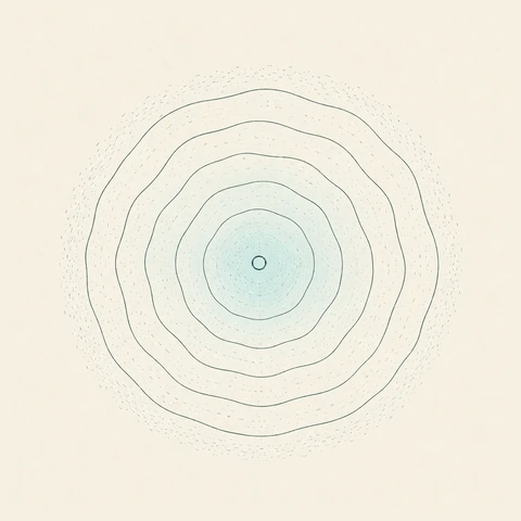 Hand-drawn-style drawing: evenly spaced wavering rings around a small circle, the centre tinted pale teal.