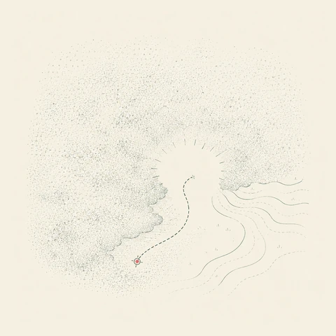 Hand-drawn-style map: a dashed path leads from a marked point out of a stippled cloud towards open contour lines.
