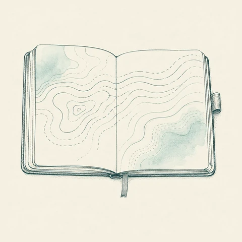 Hand-drawn-style drawing: an open notebook whose pages show contour lines and pale teal washes, a ribbon marker below.