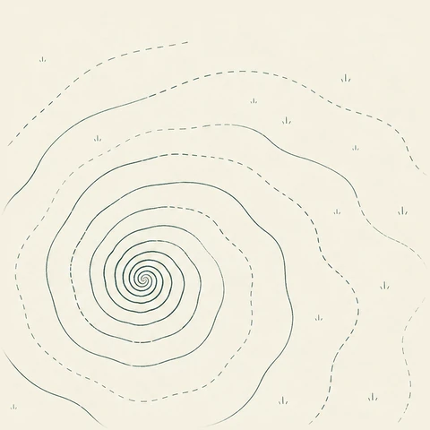 Hand-drawn-style map: contour lines coiling inward to a tight spiral, outer rings dashed, small grass tufts around.