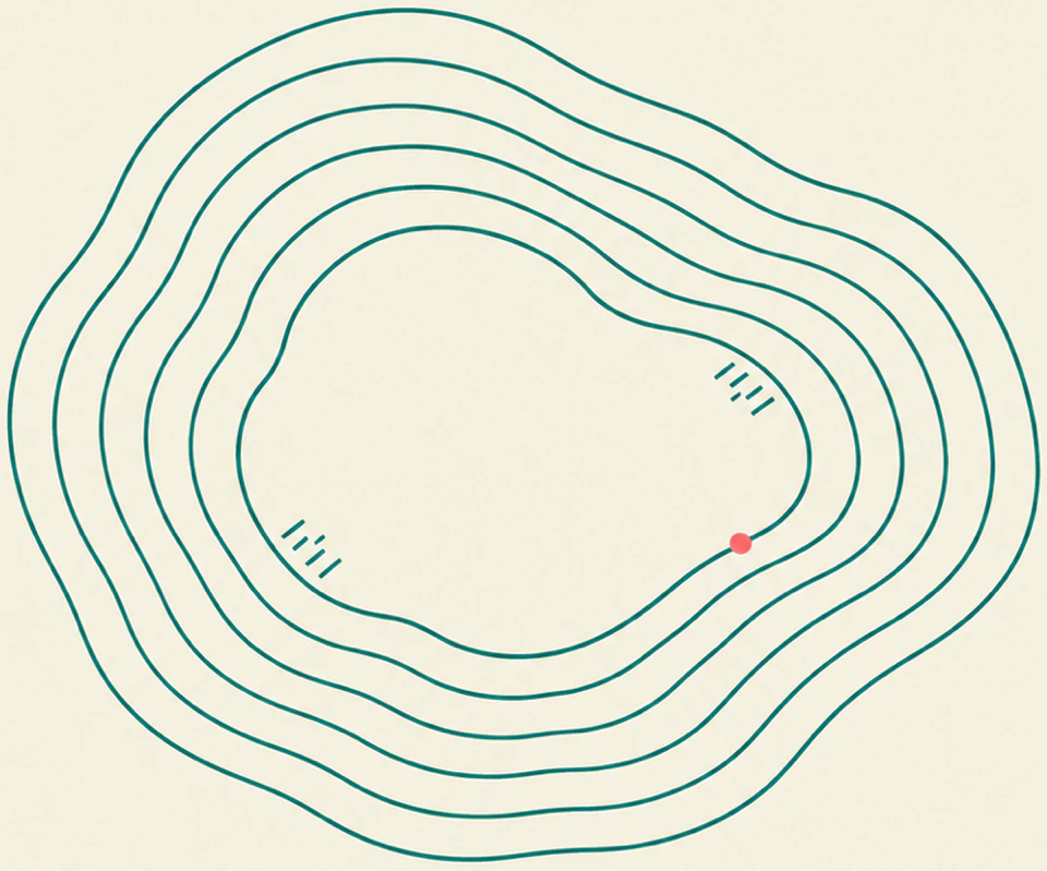 Quiet Places: a still mountain pool drawn as map contour lines, hand-drawn-style, with one small coral dot on the shore.