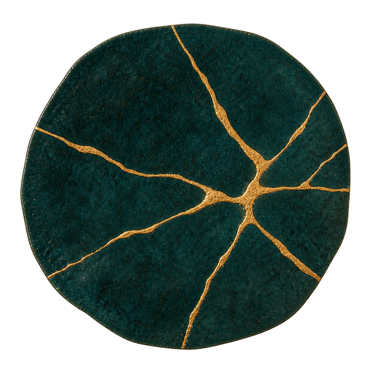 A teal ceramic disc repaired in the kintsugi way: gold running through the fractures, nothing concealed.